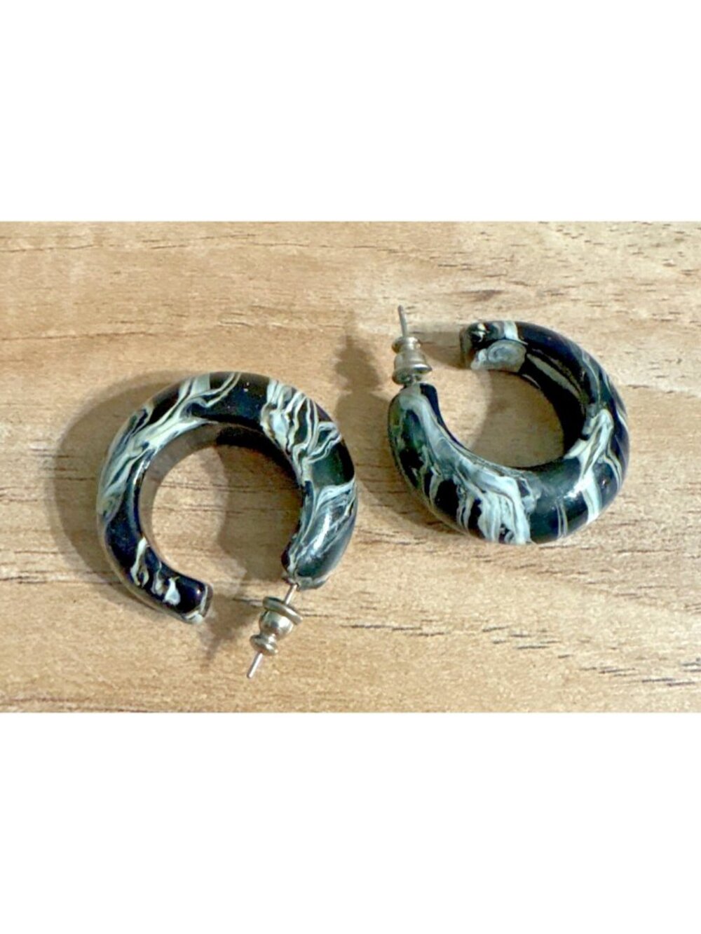 Black & White Resin Hoop Earrings Marble Swirl Design 1.5" Diameter Post Back